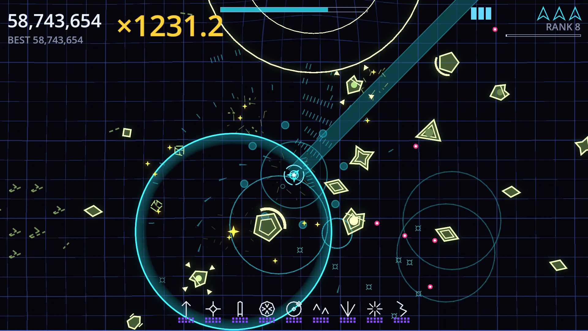 Bullet Glory: a cyan Cancel ring sweeping through a crowd of green geometric enemies at a x1231 multiplier