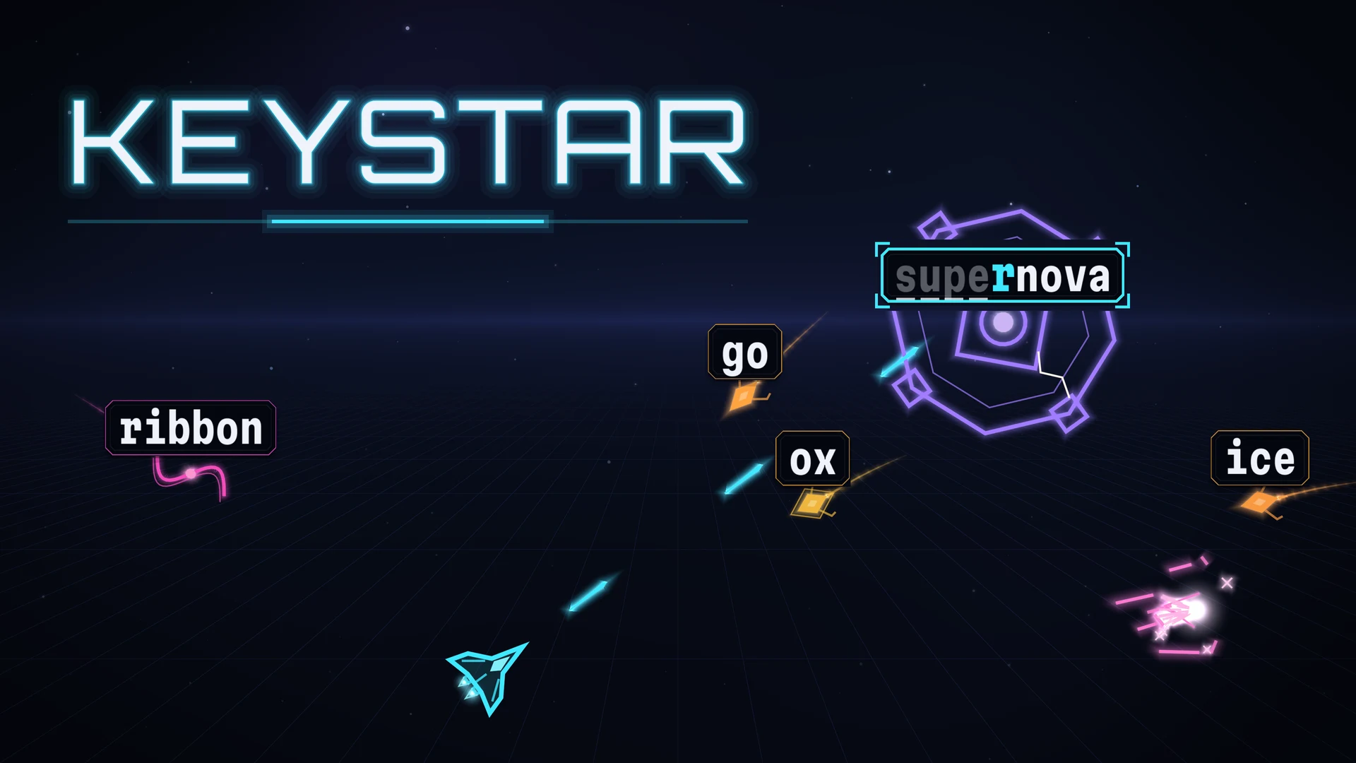 Keystar: the KEYSTAR name glowing over a neon vector sky, the ship firing on a boss carrying the word supernova while smaller enemies with words close in