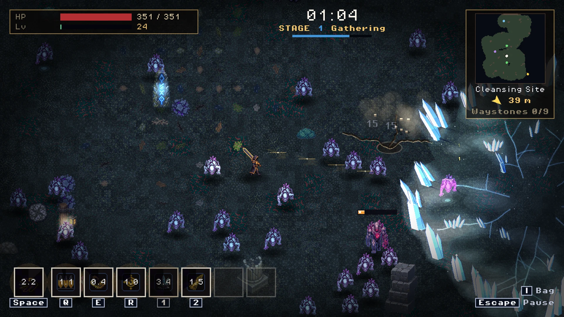 Last Ward: a Warden cutting through a crowd of corrupted creatures in the Breachwood, lit by blue waystone crystals