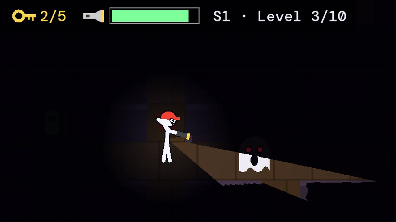Lights Out: the stick figure shines a flashlight across a dark wooden floor and freezes a ghost, with 2 of 5 keys found