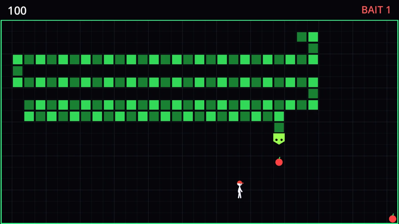 Snake Pit: a long green snake coiled in rows across the pit turns down toward a red apple while the stick figure stands clear