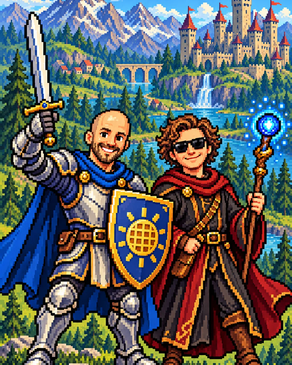 Steven Clyde, left, and Justin Morris, right, as 16-bit pixel art heroes: Steven a knight with a sword and a waffle-sun shield, Justin a wizard with a glowing staff, a castle behind them.
