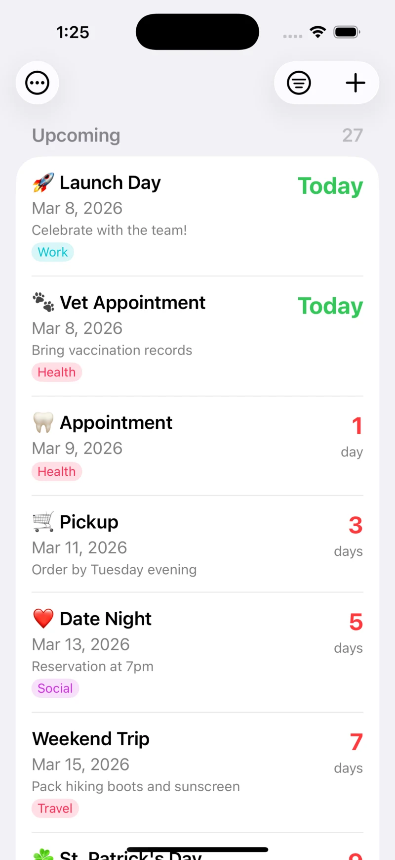 Attente upcoming countdown list with tags and days remaining