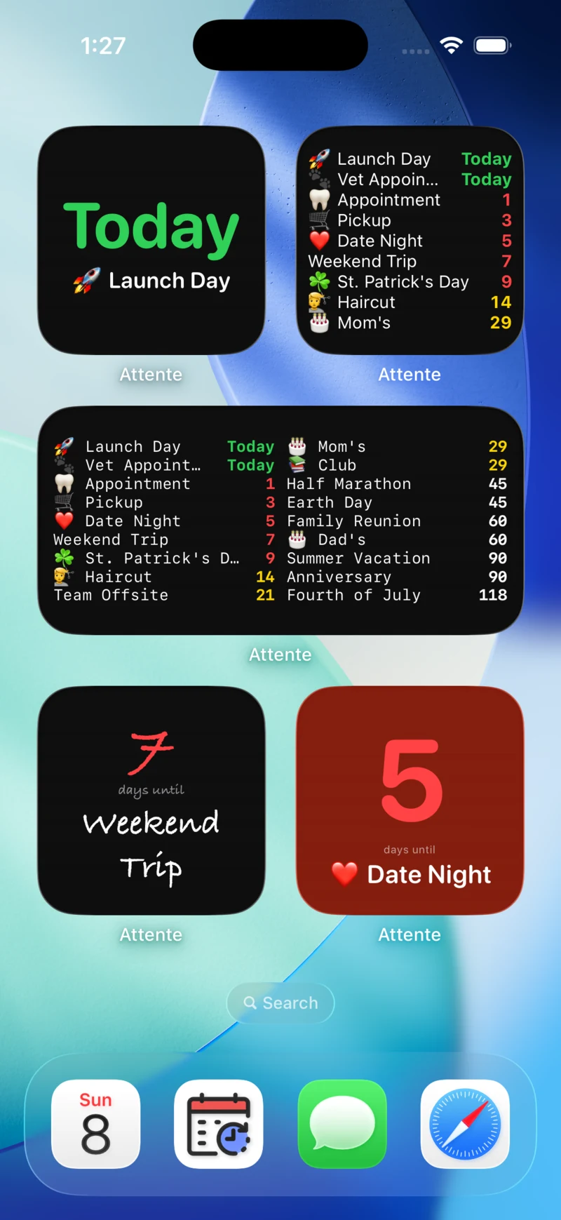 Attente widgets on an iOS home screen in several sizes
