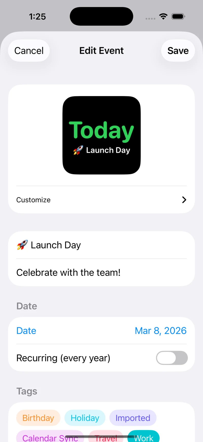 Attente event detail with date, recurring toggle, and tags