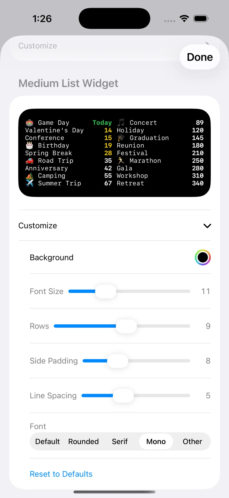 Attente widget customization with font, rows, and spacing controls