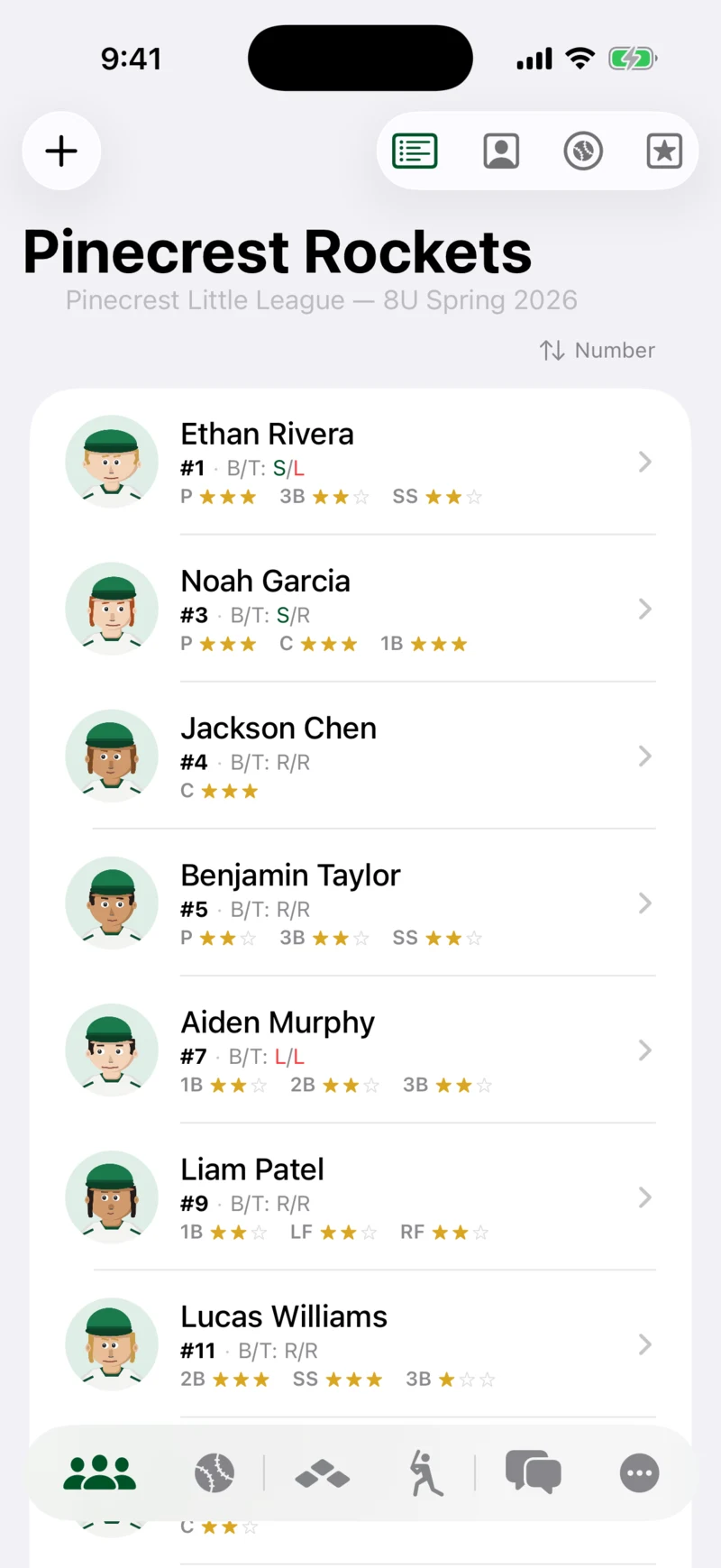 Caught Looking roster list showing players with numbers and position ratings