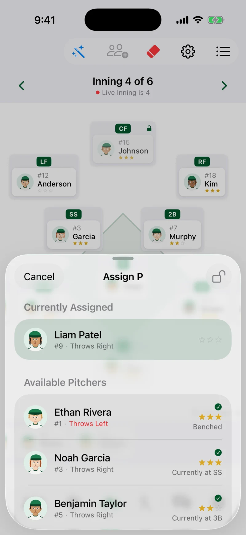 Caught Looking assign pitcher sheet listing available pitchers