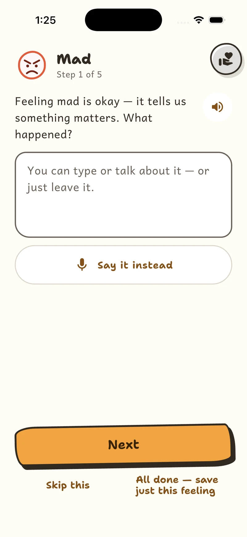 Mood Mates guided prompt with the option to type or speak an answer