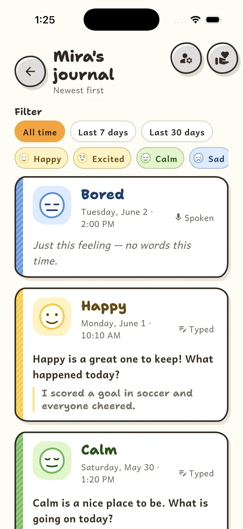 Mood Mates shared journal timeline with filters and typed or spoken entries