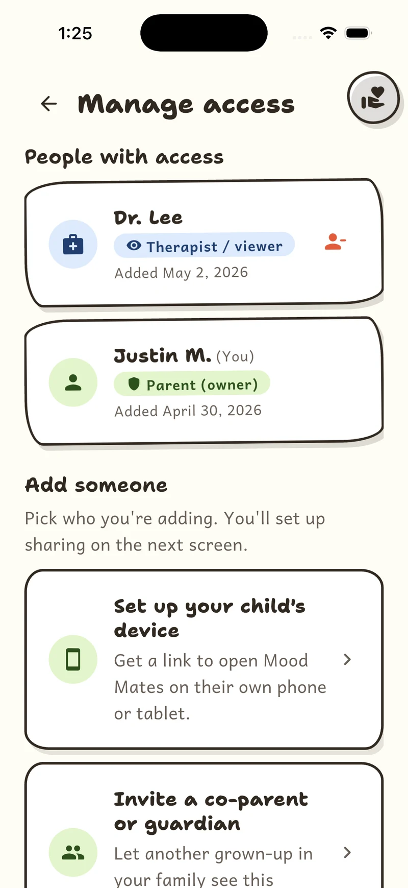 Mood Mates manage access listing a parent owner and a therapist viewer